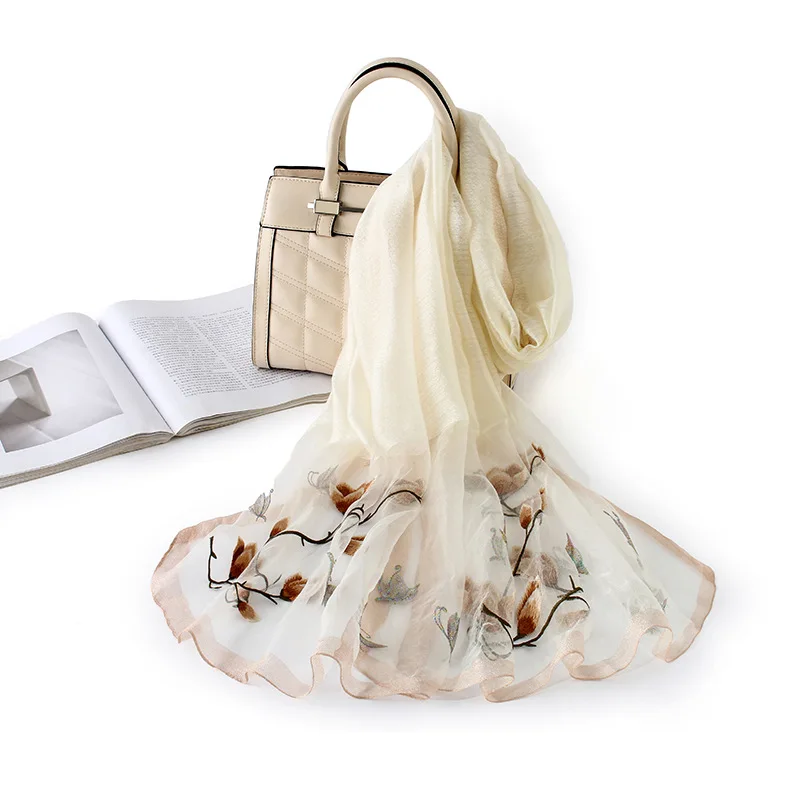 Elegant women hand embroidered silk and wool scarf with low MOQ and price