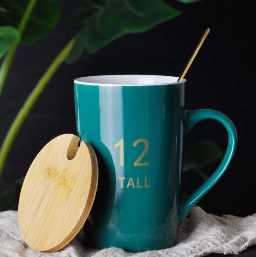 Nordic Styles Ceramic Coffee Cup for Office Tea Mug Ceramic Mug with wooden Lid and Spoon with custom logo