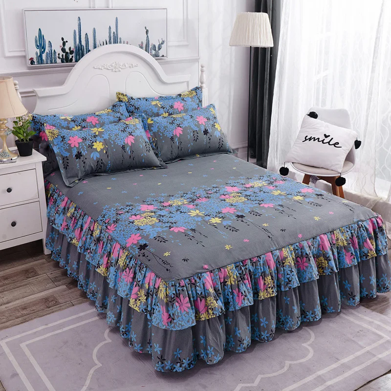 Bed Skirts Set Double Layer Bedspread Floral Printed Bed sheet Bilateral Bed Skirt + 2 Pair Of Pillowcase bedsheets