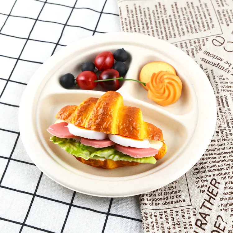 Eco Friendly Microwavable Dish for Restaurant Biodegradable Sugarcane Pulp Round Food 8inch Patterned tray disposable plates