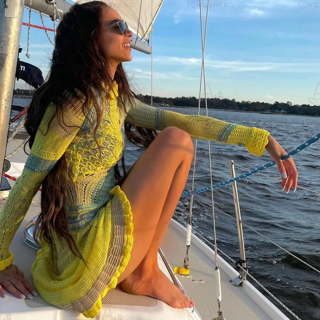 2024 Spring Summer Hollow Splicing Handmade Crochet Knitted Dress Perspective Color Block Colorful Crochet Dresses For Women