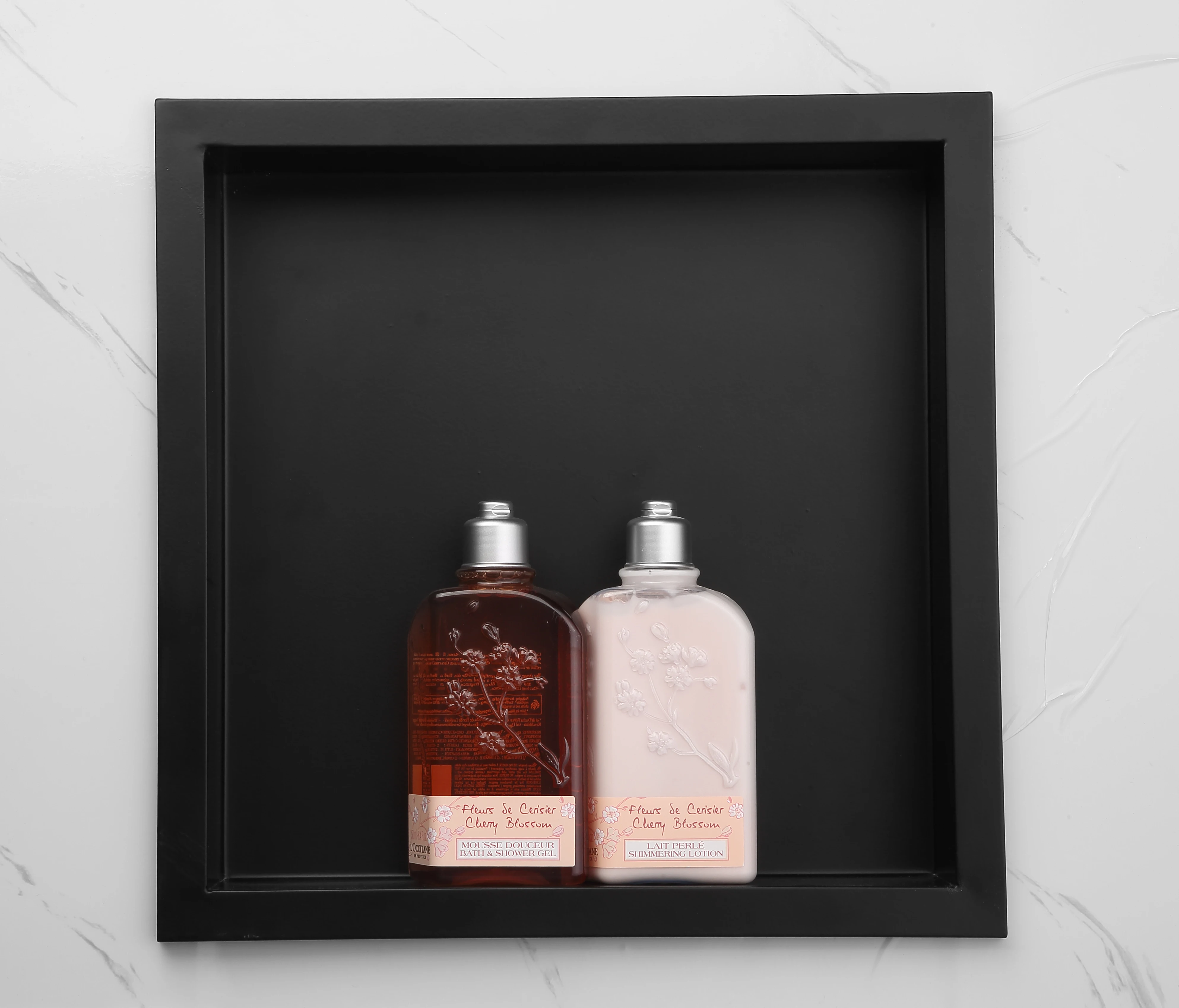 Bathroom Recessed Shower Niche Single or Double Shelf Brushed Silver and Black