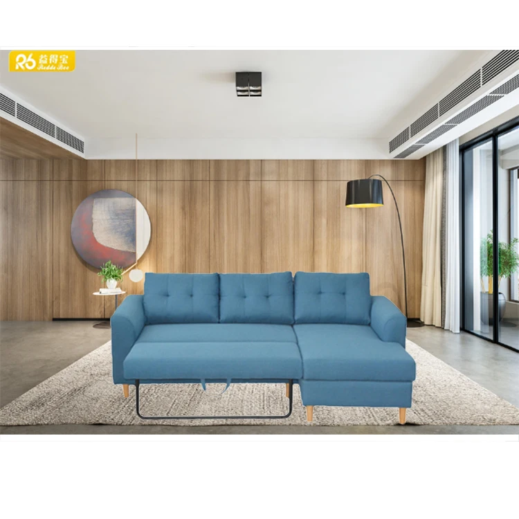 New Design Space Saving Sofa Beds Fabric Material L Shape Functional Living Room Furniture Linen Blue Sofa Bed