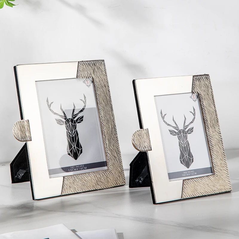 Customised photo frame luxury gray horse hair photo frame hotel/living desktop household metal silver mirror photo frame
