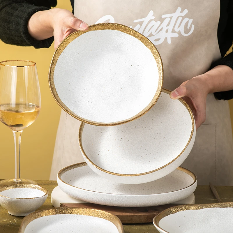 Hot sale Phnom Penh Fruit Salad Dessert Dishes White Breakfast Service Bowl Tray Sets Ceramic Plate with Gold Rim Tableware