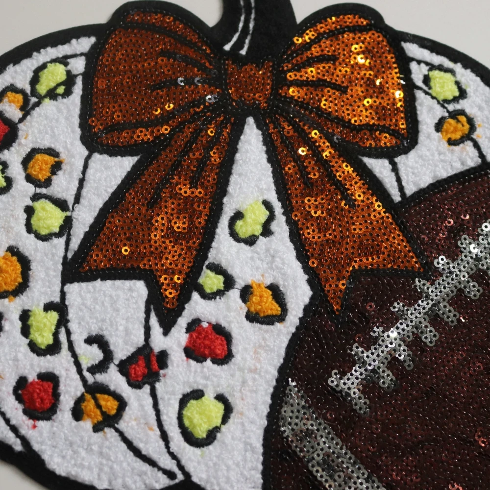 Wholesale Design Iron On Baseball Bow White Pumpkin Sequin Patches Custom Embroidery Patch forClothing