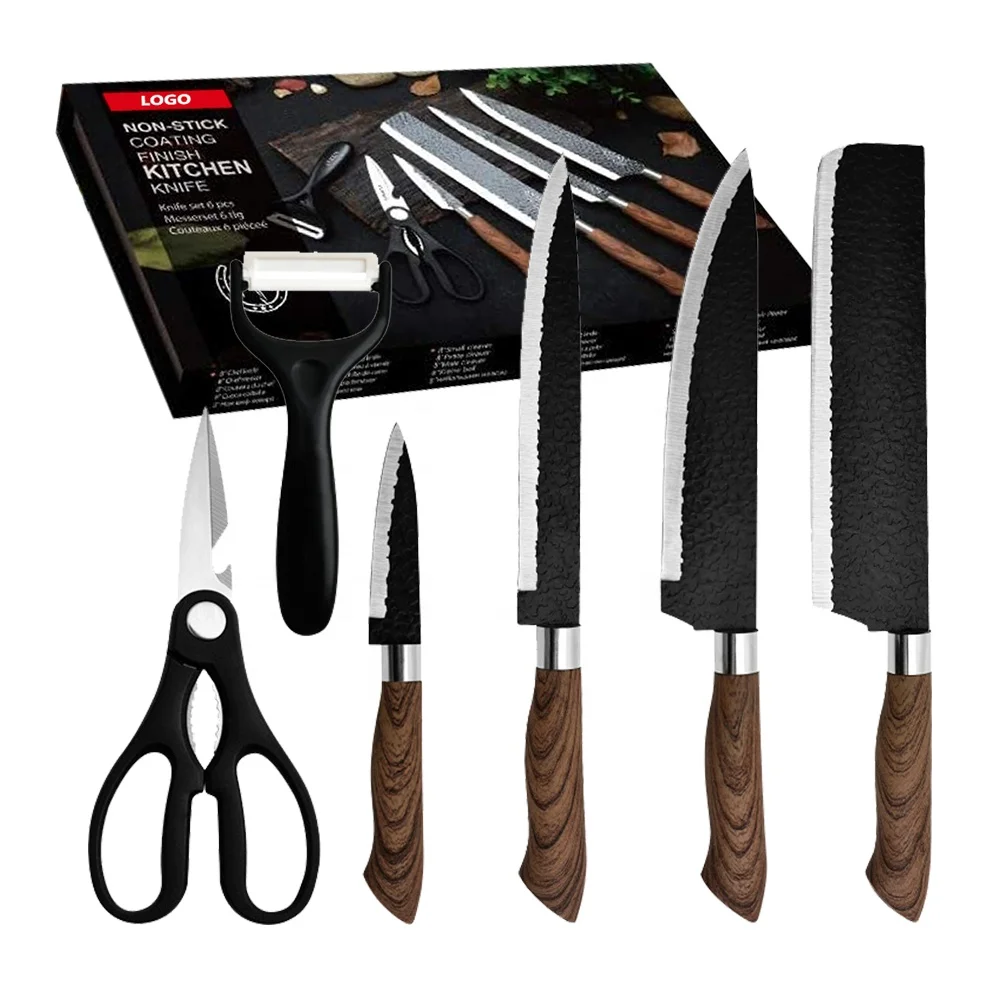 High Carbon Stainless Steel Sharp Meat Knives 6 Pieces Black Professional Chef Knife Set with Ergonomic Design Handle