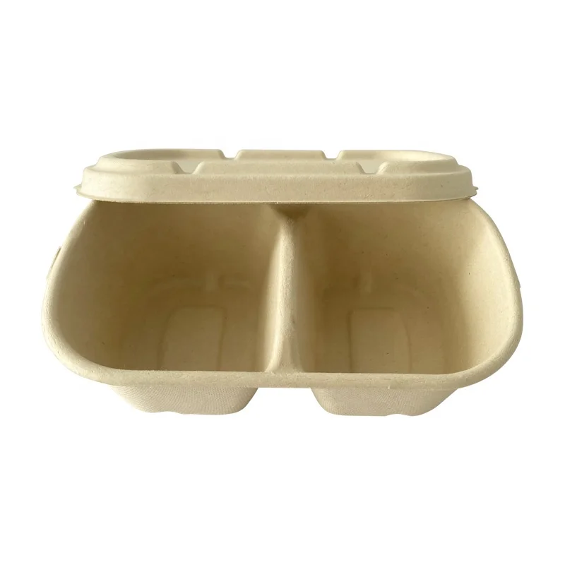 Compostable Togo Food Delivery Sugarcane Bagasse Pulp Lunch Box with Divider and Lid Sugarcane Food Box for Take Away Restaurant