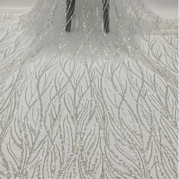 LS336 New French Tulle Mesh Polyester Lace Luxury White Bridal Beaded Sequins Lace Embroidery Wedding Dress Fabric
