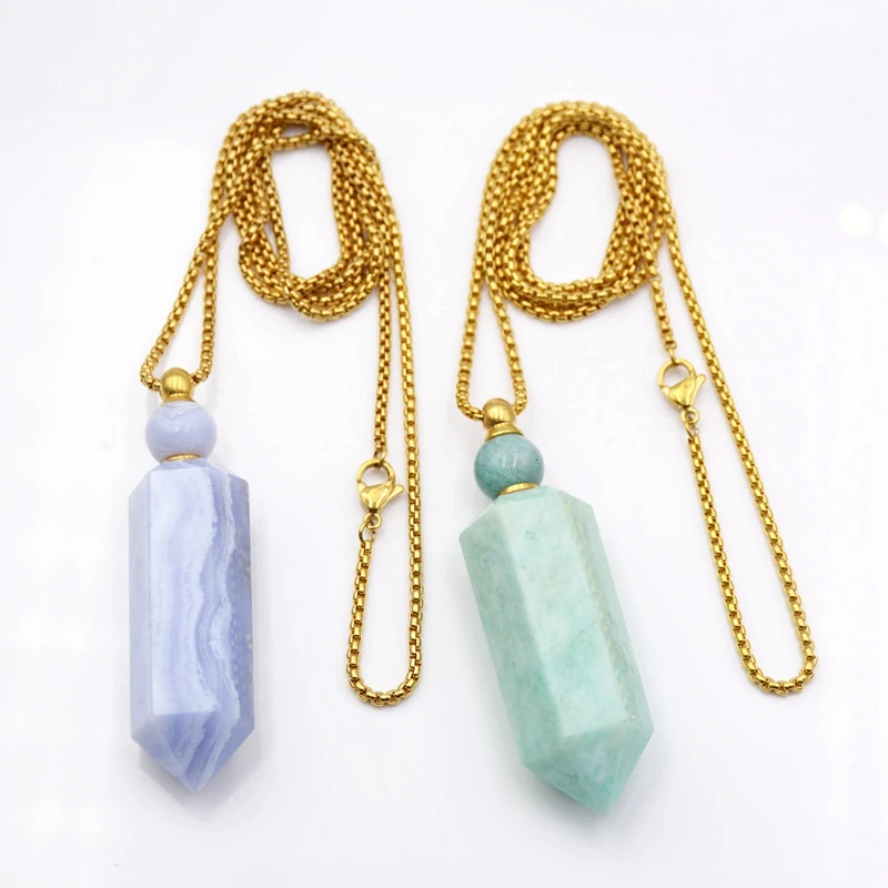 Hexagon Bullet Prism Perfume Bottle Pendant Genuine Gemstone Necklace Smoky Quartz Point Bottle Diffuser Stainless steel Jewelry