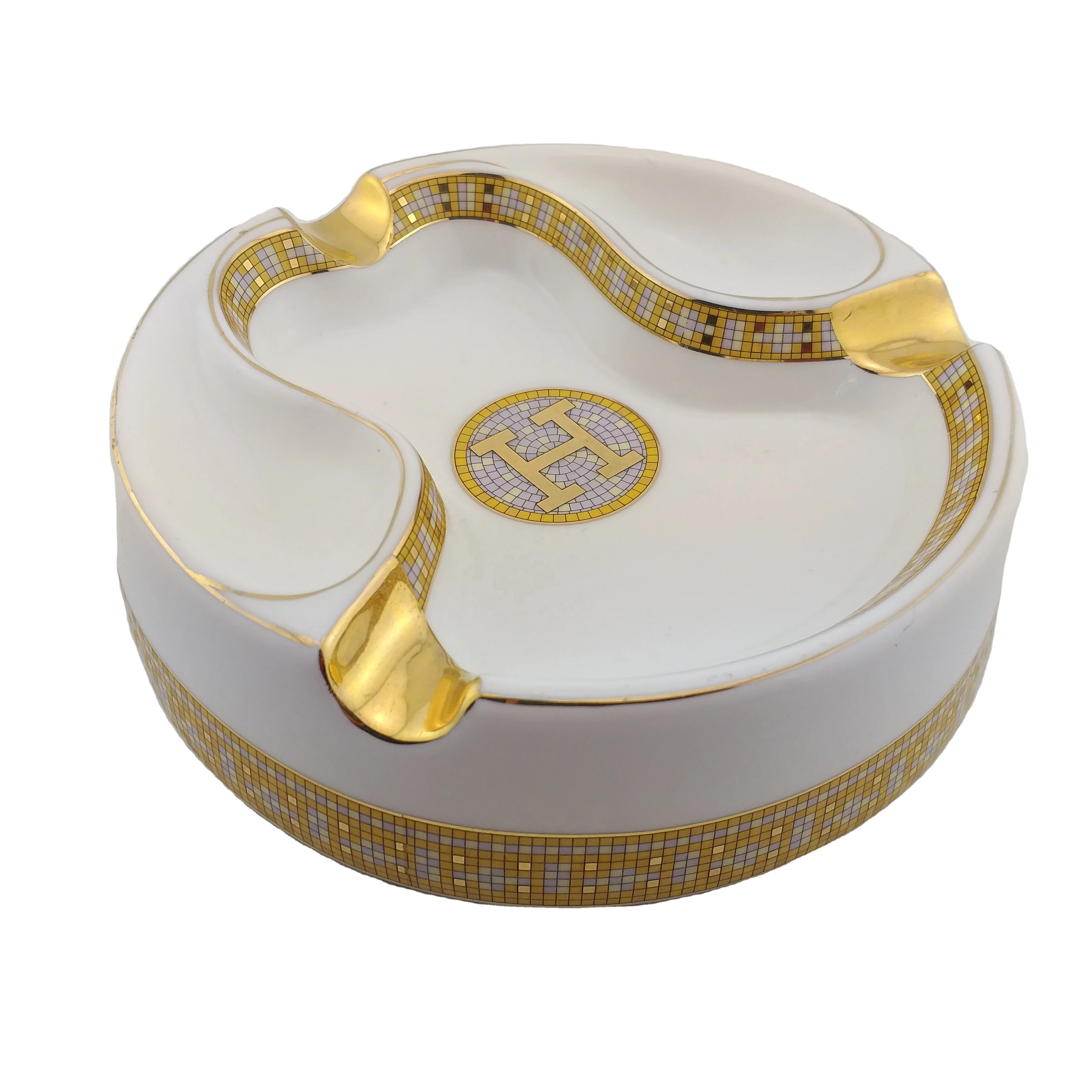Best selling nice design unique round custom ceramic cigar ashtray with custom logo with golden rest