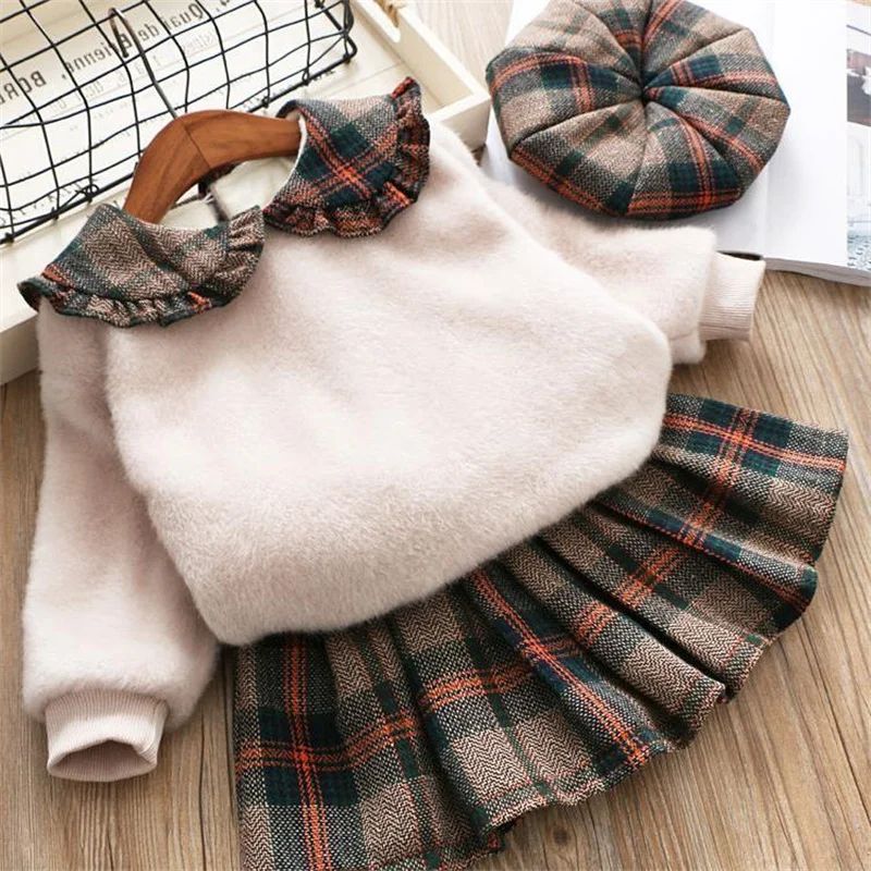 Ms-4 Toddler Baby Girls Dresses Designs Sweatshirt+Skirt+Caps Girls Clothing Sets Wholesale Winter Clothes for Kids Girls