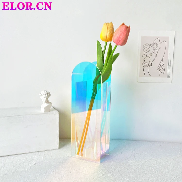 ELOR New Design Acrylic Red Rose Vase Desktop For Modern Home Decor Colorful Flowers In Living Room