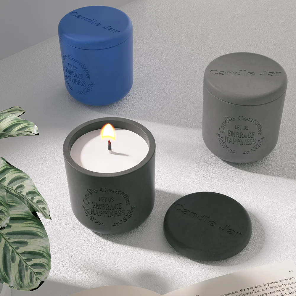Factory wholesale custom cylindrical bulk embossed concrete empty candle jar bulk luxury candle holder with lid