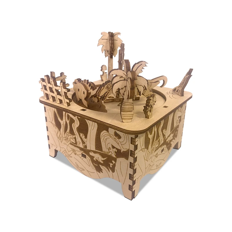 Wholesale Custom Cartoon Dinosaurs World Wooden Music Box 3D Puzzle Jigsaw Wood Dinosaur Toy DIY Creative Crafts Birthday Gifts