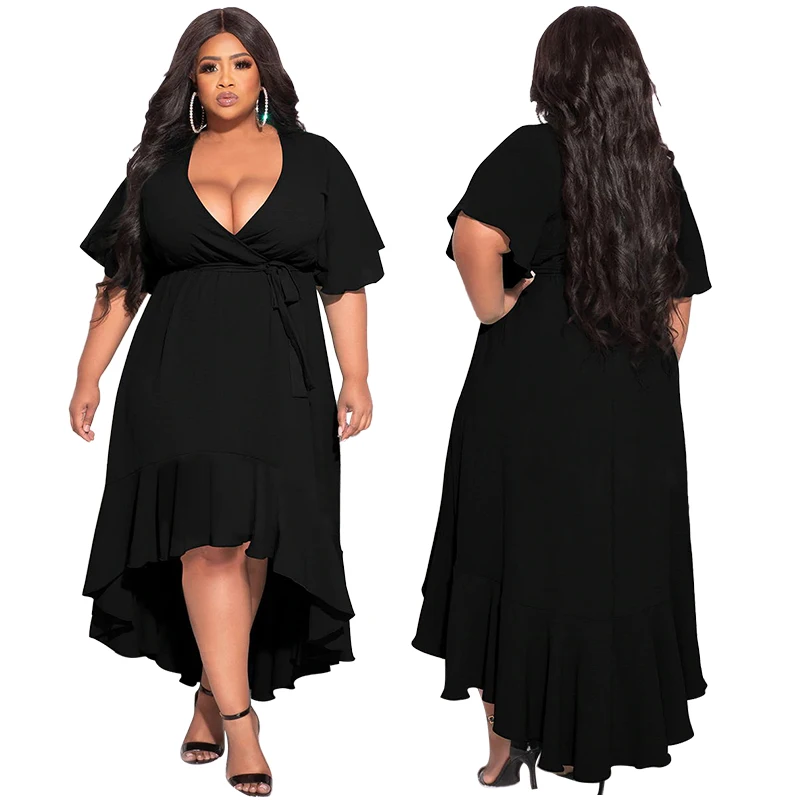 New 2022 Summer Plus Size Women Clothing Deep V Sexy Bandage Ruffle Elegant Casual Dress Plus Size  Ladys Wrap Maxi Dresses