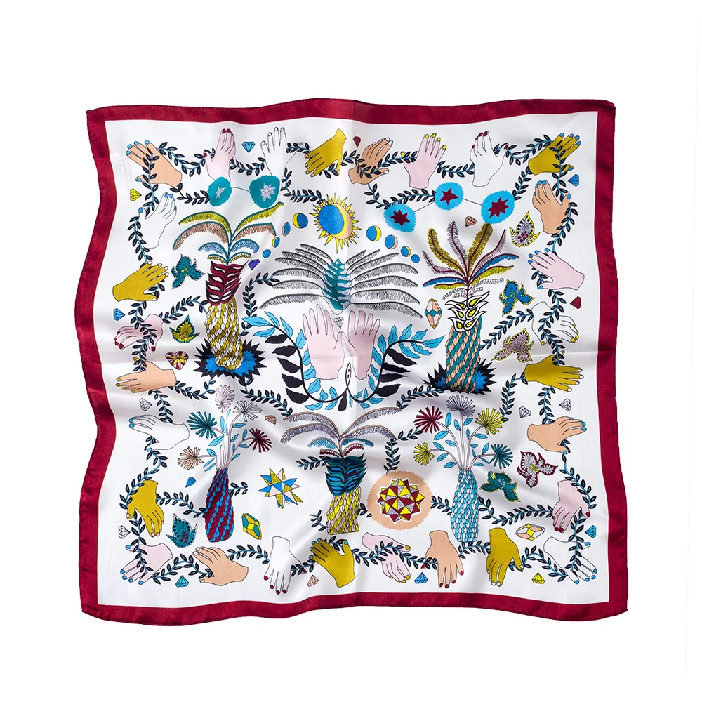 Fashion Design Square Silk Scarf Modern Hand And Vase Printing Suit Matching Jacquard Women silk scarf