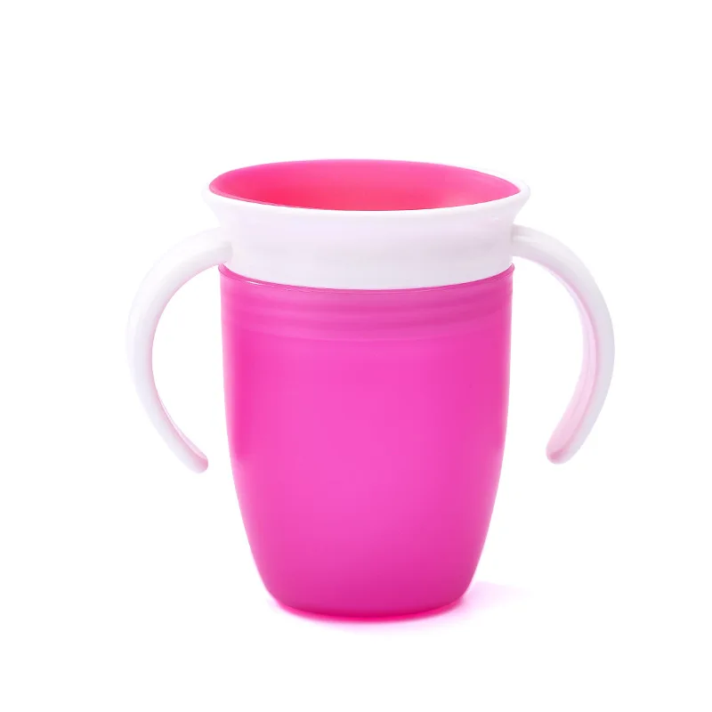Double rotation handles silicone safety material miracle 360 degree leak-proof baby kids trainer water drinking cup bottle