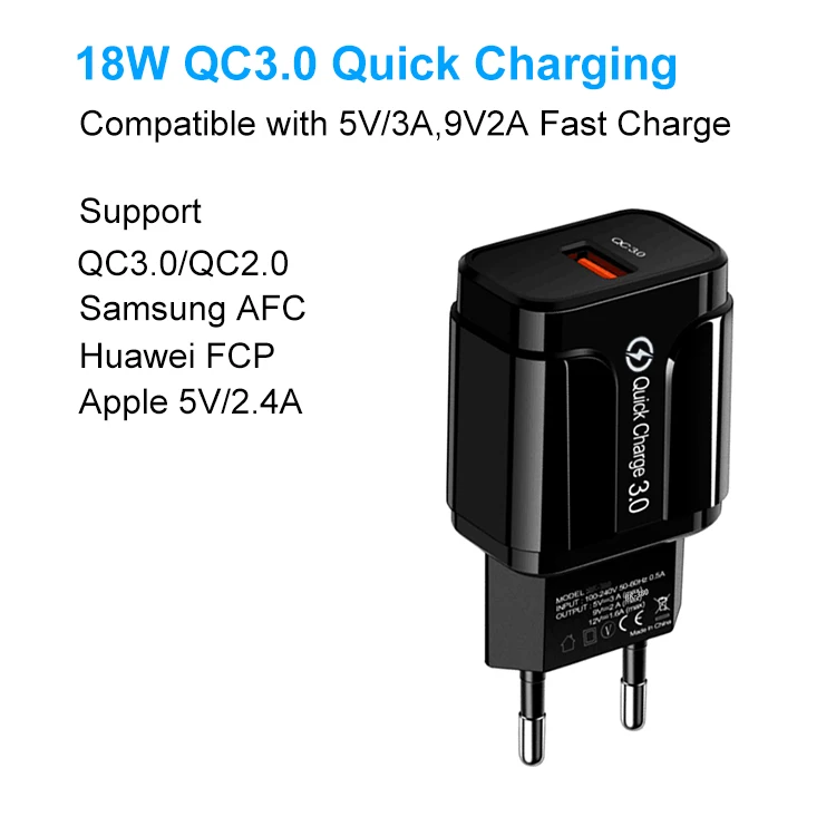 
Universal QC3.0 Fast Charging 3A USB Power Home Wall Travel Charger Adapter for Smartphones 