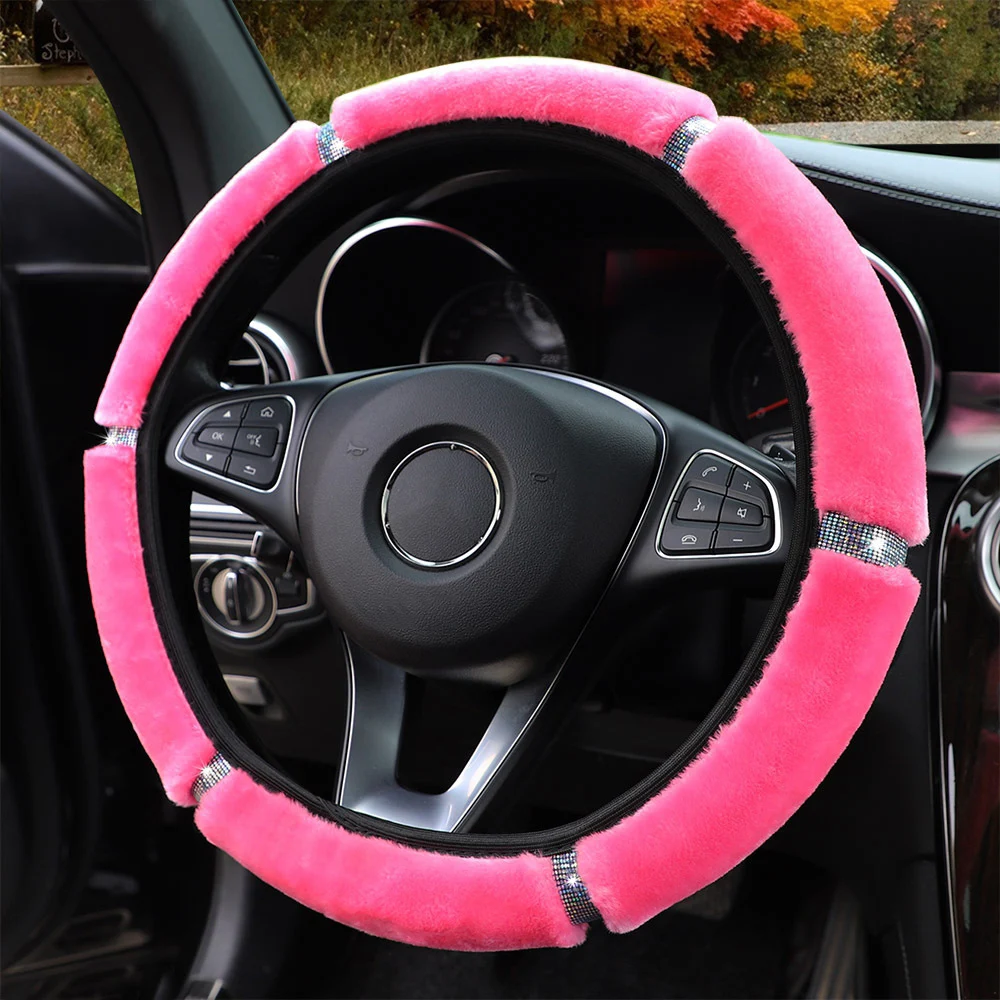Universal 37-38Cm Soft Plush Rhinestone Car Steering Covers Steering Cover Fur Wheel Cover Set Interior