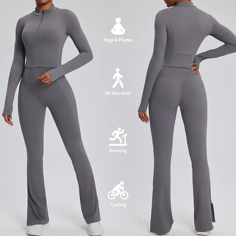 Custom Fashion High Waist Sweat Proof Gym Woman Activewear Winter Long Sleeve Fitness 2 Pieces Yoga Sportswear Sets For Women