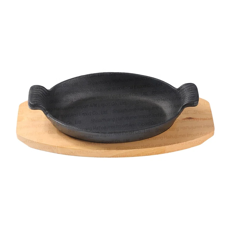 Manufacture Pre-Seasoned Barbecue BBQ Cast Iron Fajita Sizzling Steak plate Pan Tray Set Remove Handle Wooden Base