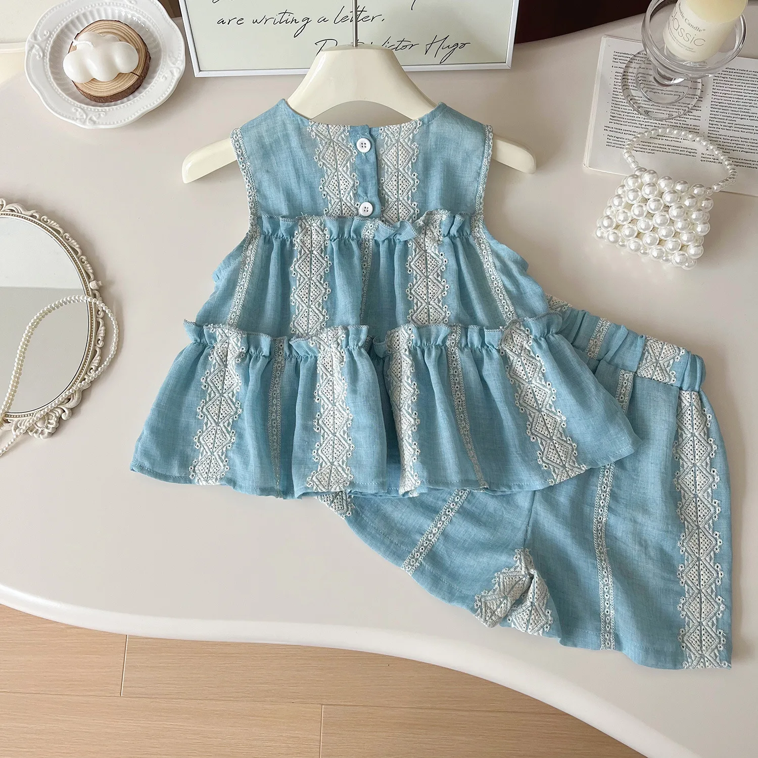 Summer Girl Outfits Doll Collar Round Neck Sleeveless Top Shorts Boutique Children Clothes Wholesale