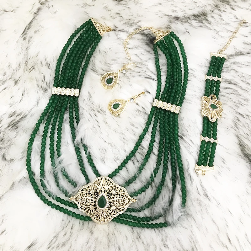 French American favorite handmade beaded necklace earrings bracelet set chain Muslim bridal wedding dress necklace women jewelry