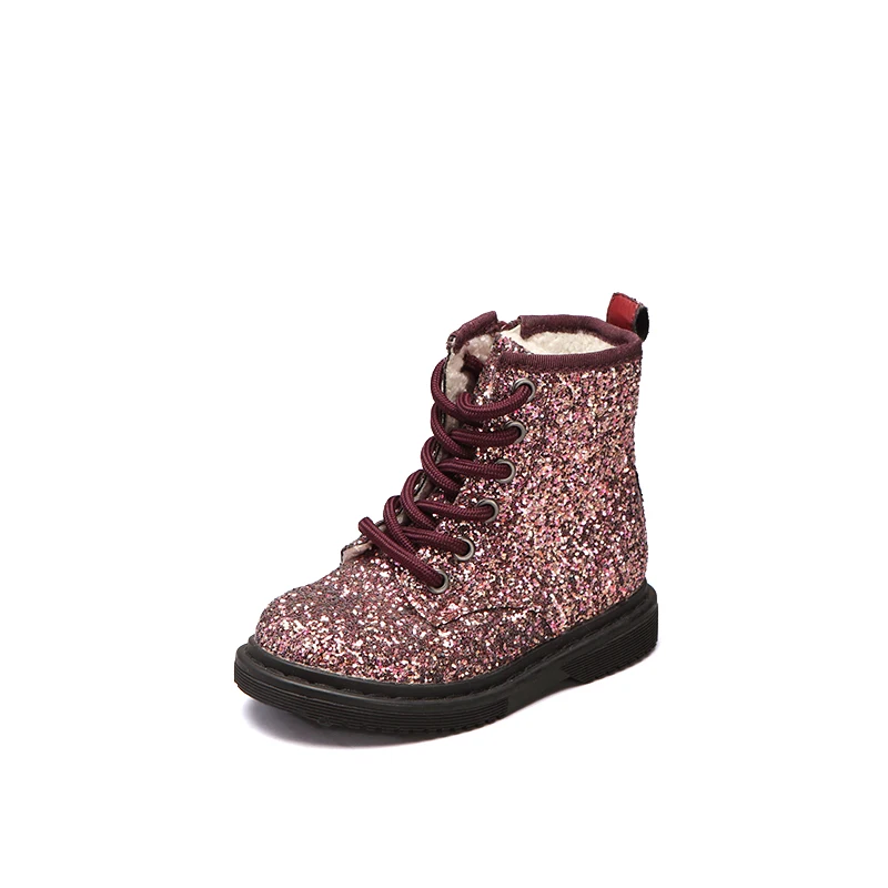 2021 New Stylish Designs Strawberry Cute Girls Martin Glitter Boots Fur Lining Kids Children