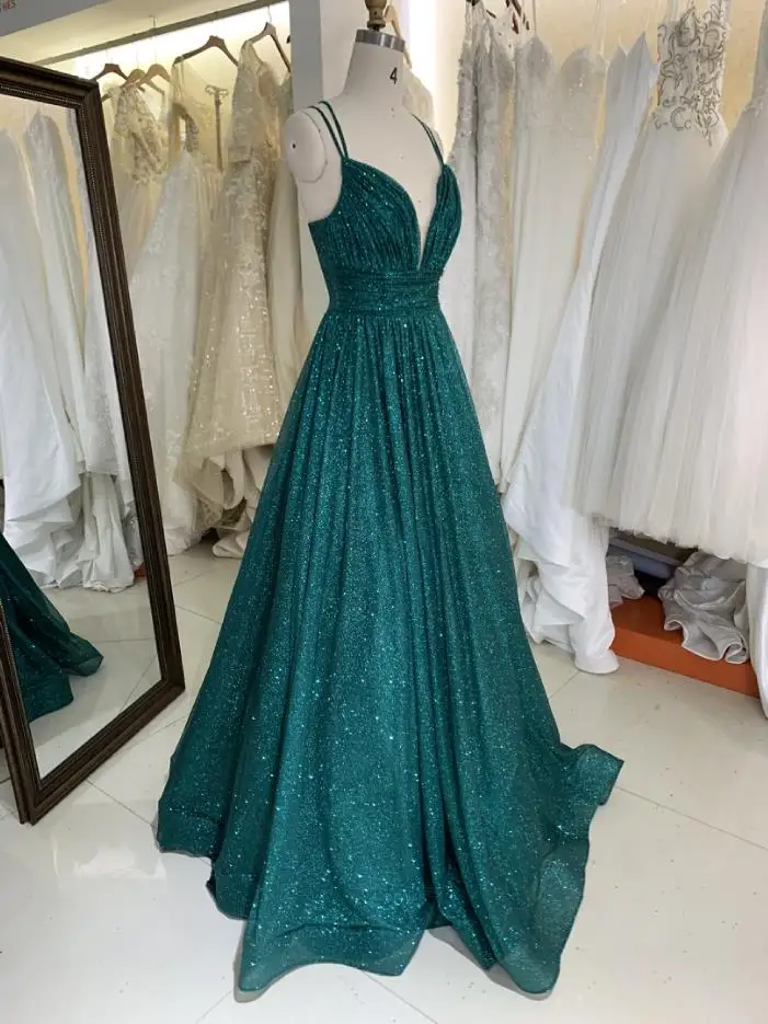 Emerald green sleeveless glitter tulle hand pleated deep V neck A line lace up back prom dresses 2023