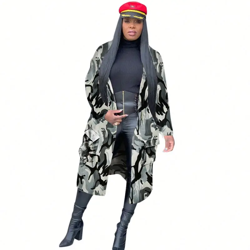 2023 women winter coat streetwear fashion long trench outerwear long trendy camo trench  jacket
