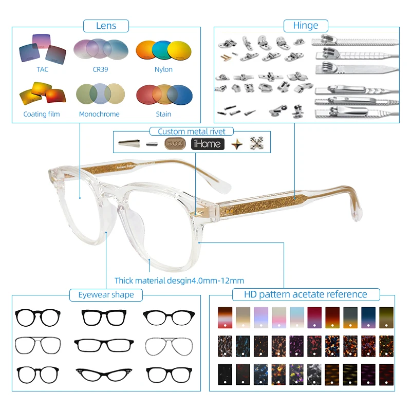 2024 New Eyewear Design Custom Clear Acetate Square Round Frame Glasses Metal Copper Pin Metal Eyeglasses Fashion Universal