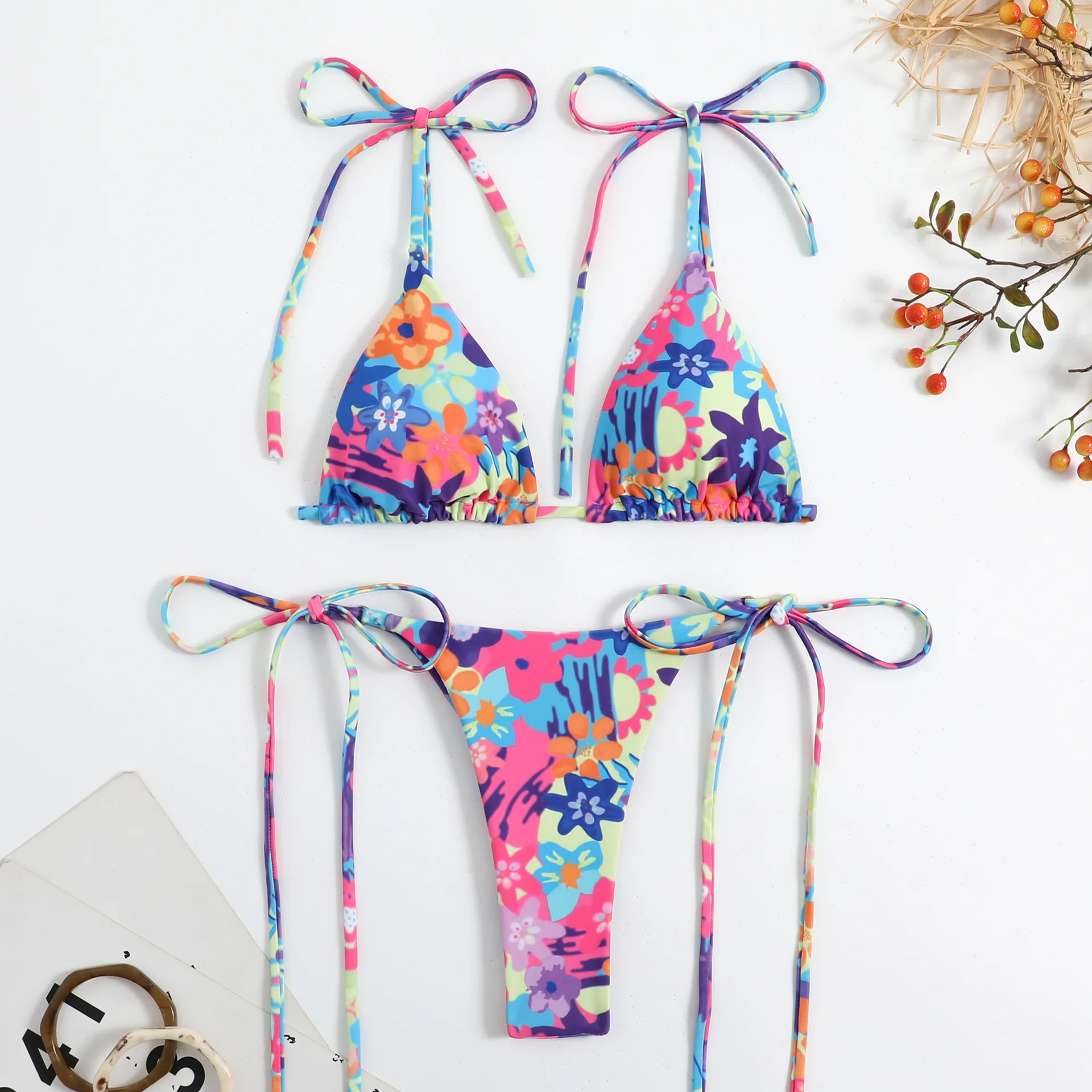 Multicolor Two Piece Bright Floral Print Bikini Halter&Lace Up Triangle Thong Swimsuit For Women