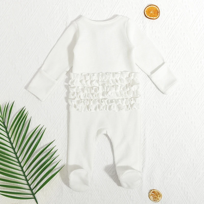Organic Rib Printed Newborn Jumpsuit White Sleeve Cover Placket Zipper Infant Bodysuit Sun Back Lace Baby Rompers