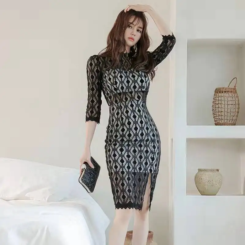 2022 spring and summer new slim sexy black lace split professional dress