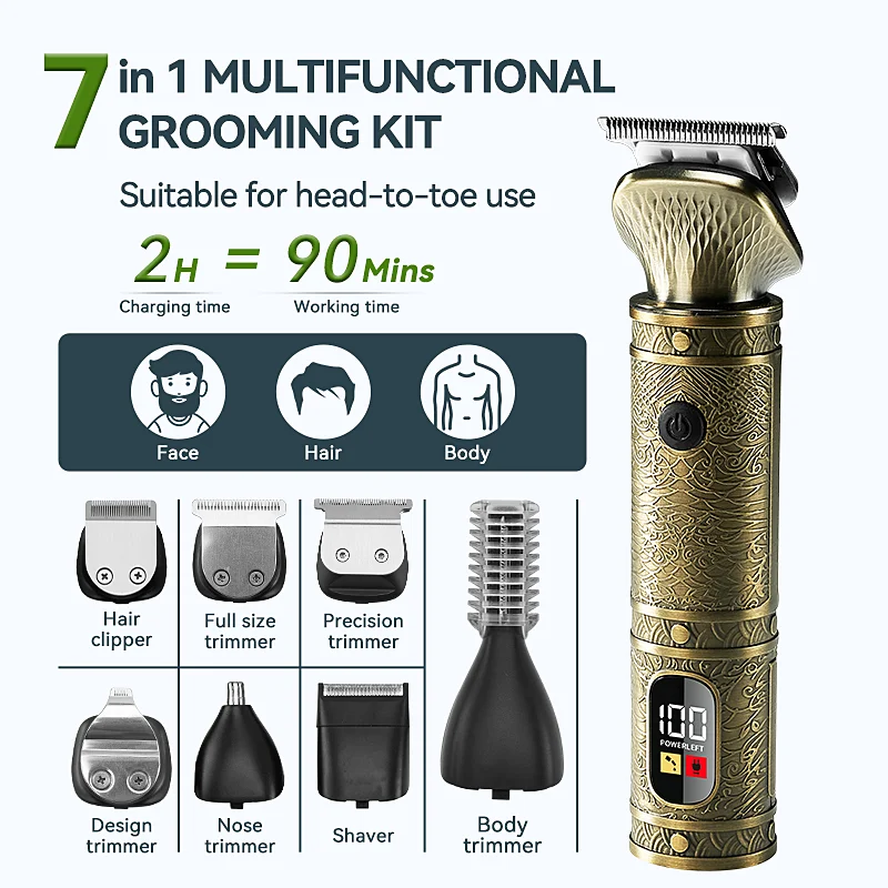 Lcd Display 7 in 1 Electric Professional Metal Waterproof Rechargeable Trimmer Hair Clipper