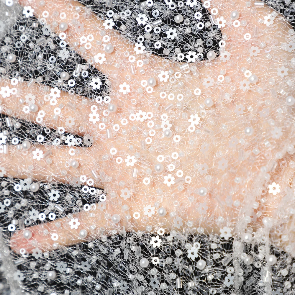 Yanzi Custom Pearl Flower Sequin Embroidery Bridal Wedding Fabric Heavy Dubai Embroidery Beaded Lace by the Yard