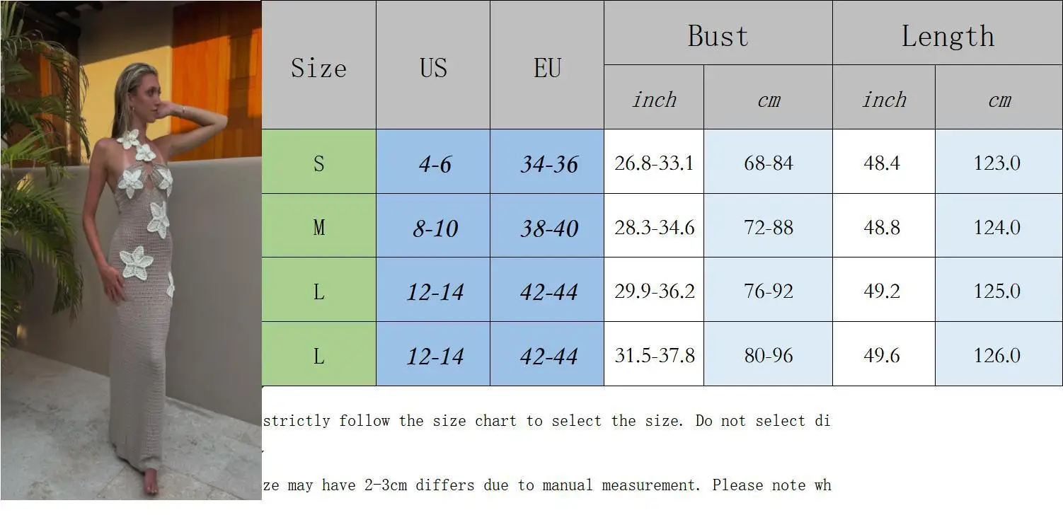 GX0520 Fashion Summer Mature Women Sexy Knitted Maxi Dresses Halter 3D Flower Elegant Beach Long Crochet Dress