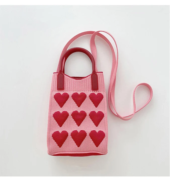 High quality student pink heart mini phone coin purse bag new fashion knitted shoulder crossbody bag