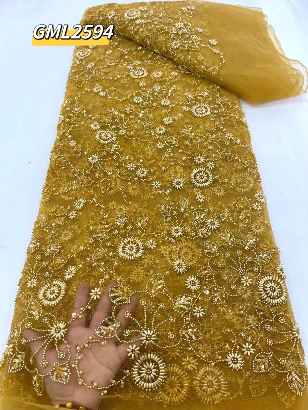 Harvest hot sale products heavy beads sequins luxury bridal lace fabric for weddings dress pure white beaded lace sequin fabric