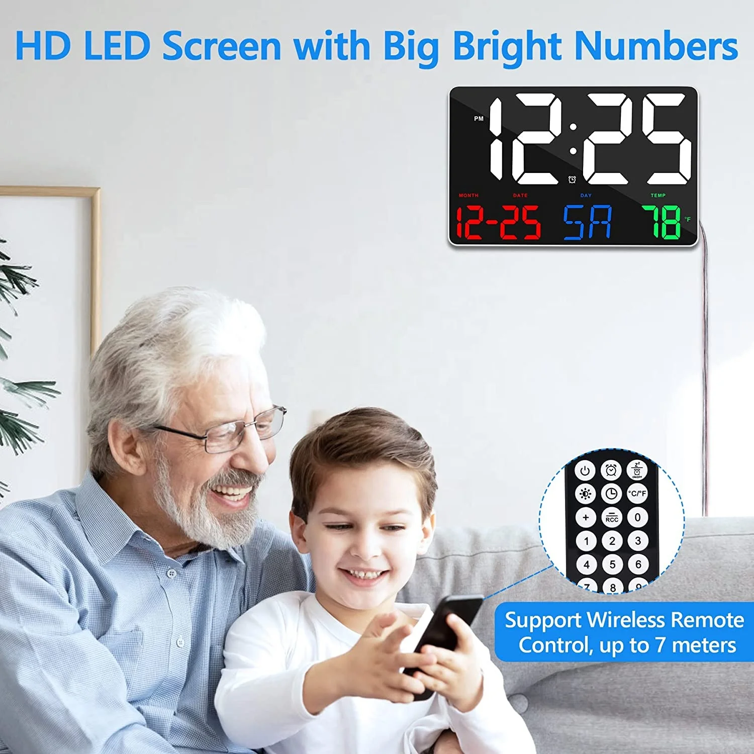 Digital Wall Clock Large Display with Remote Control Adjustable Brightness