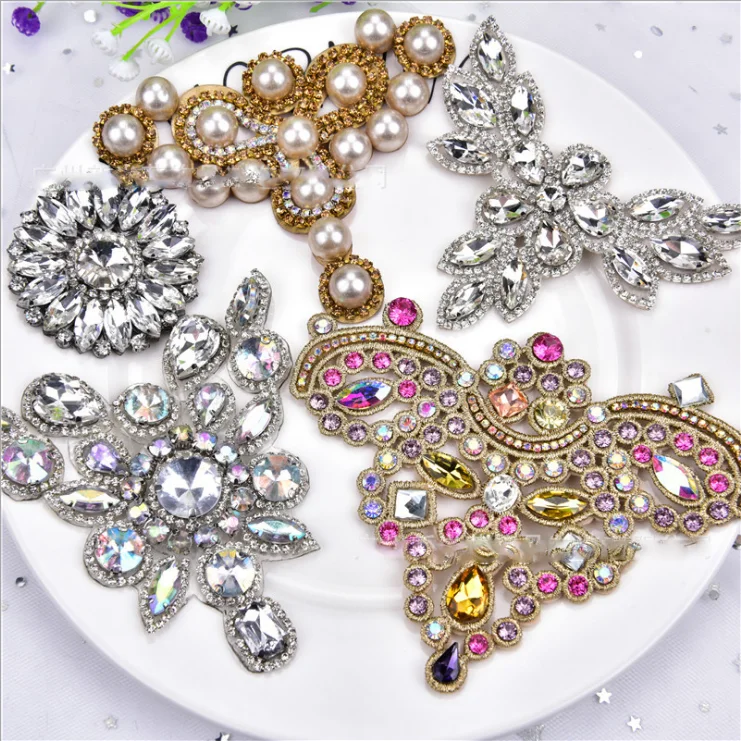 wholesale Sewing Rose Gold Beaded Rhinestone Crystal Bridal Dress Applique buckle clips