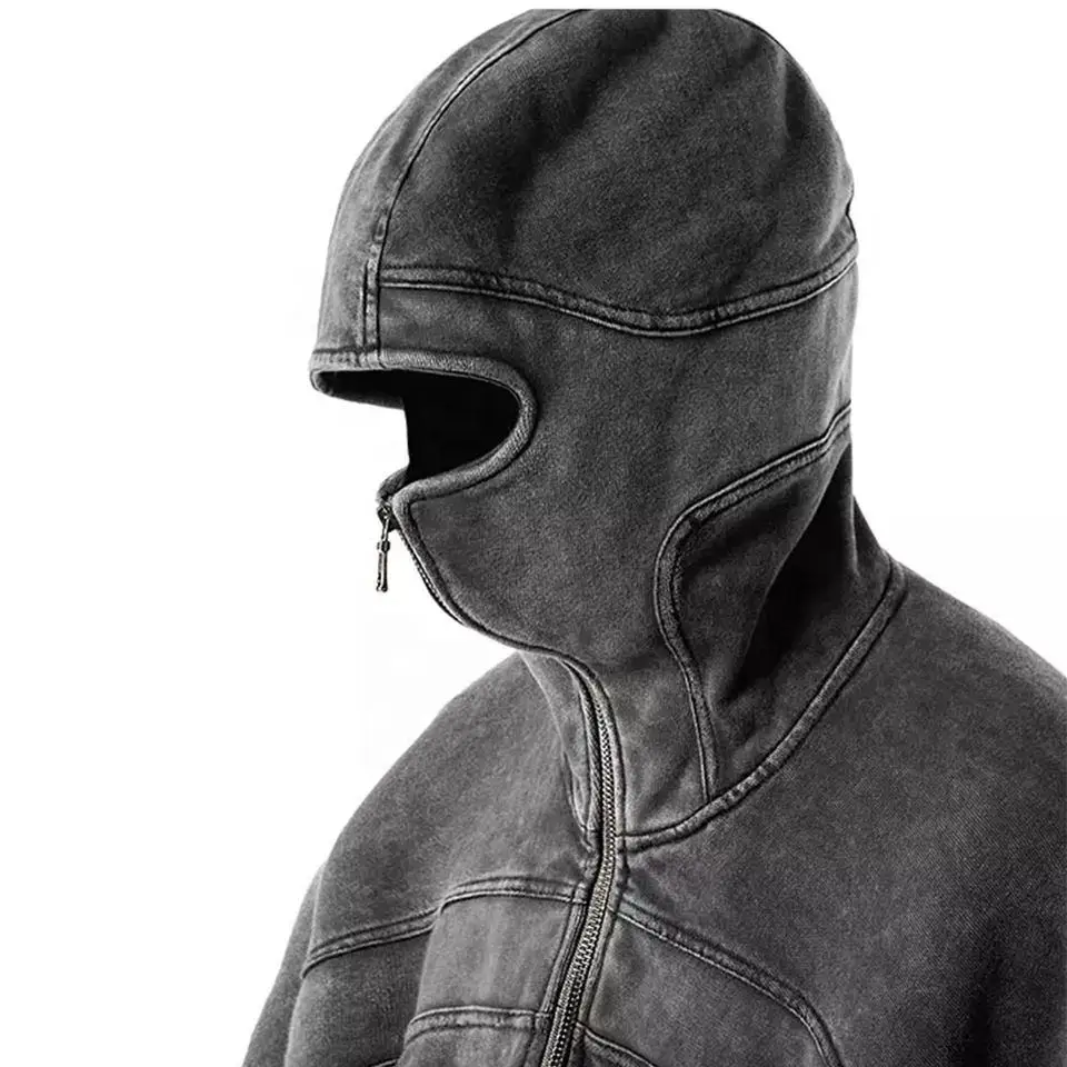 Manufacturer ninja masked vintage blanks 500gsm heavyweight custom men stone acid wash full face zip up hoodie with eye hole