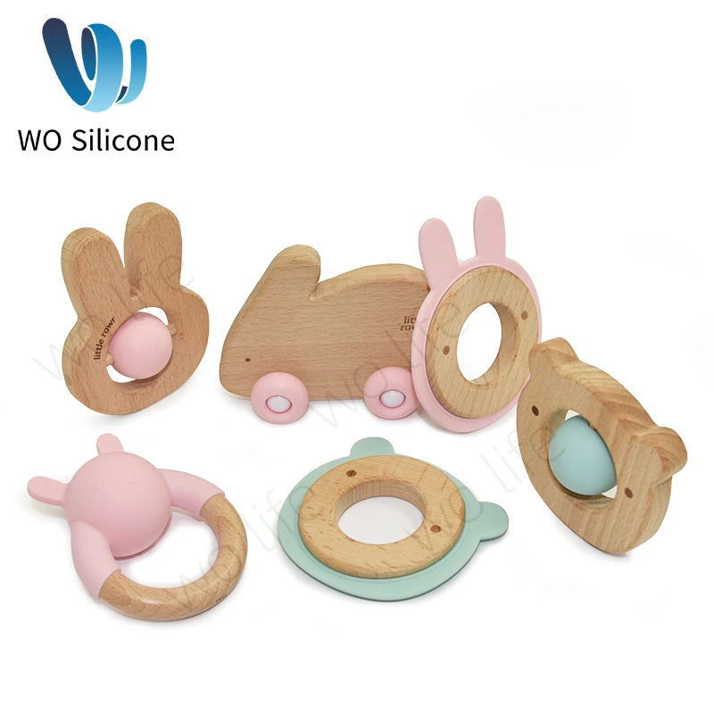 Non toxic new design food grade beech wood teether cute animal shape silicone teething teether baby chewy toy