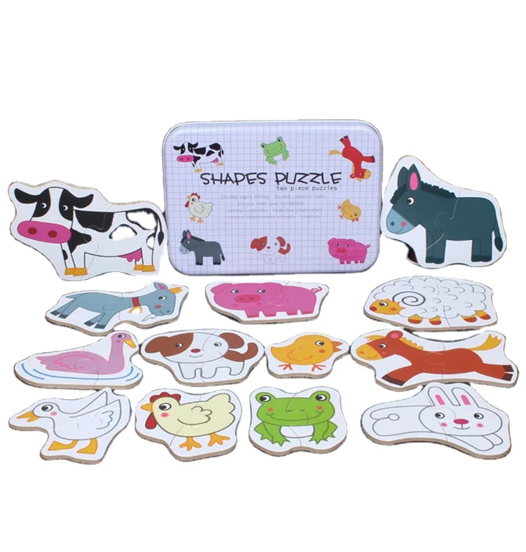 Farm  Animal Wooden Puzzle  Box Color DIY Puzzle With Tin Box