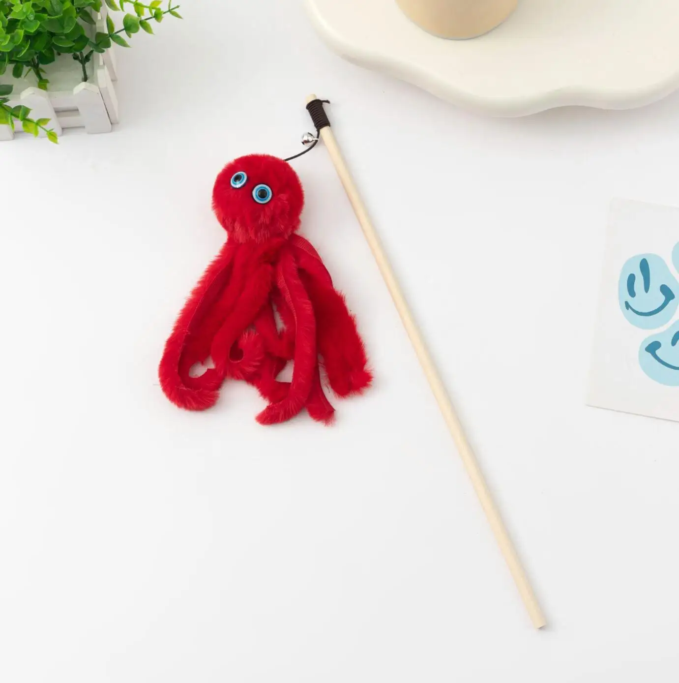 cat application wood stick high quality plush octopus colorful feather cat toy cat teaser stick toy