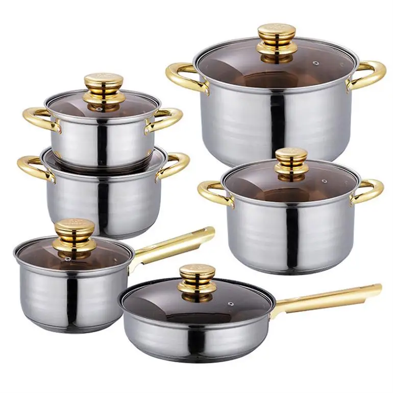 Kitchen accessories Stainless steel, gold plated Soup pots cookware sets with glass lids for gas stove/