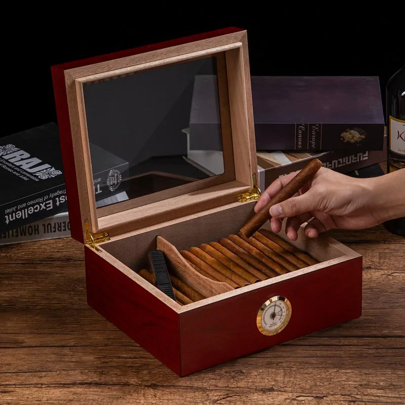 Изготовленный на заказ деревянный стеклянный корпус для сигар гигрометр увлажнитель и разделитель хранения хьюмидор шкаф коробка