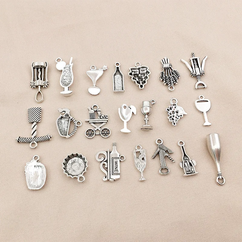 Charms Beer Barrel Grape Wine Opener Glass Antique Silver Color Mixed Pendants DIY Findings Tibetan Making Jewelry Craft