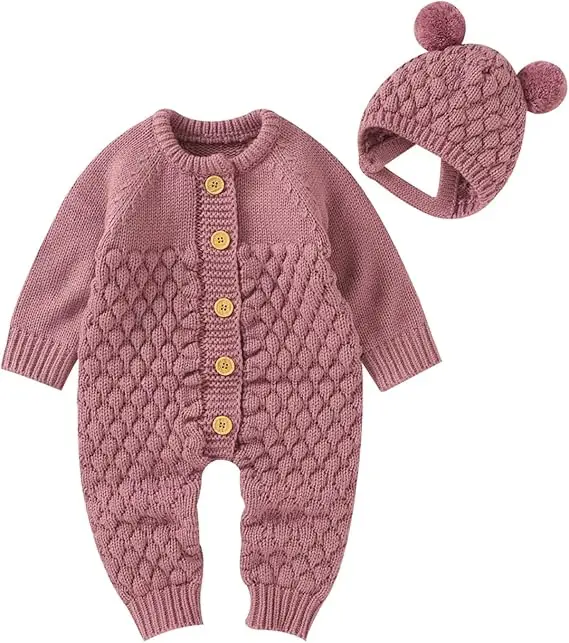 New Born Baby Wholesale Custom Clothes Set 0-3 Months Knitted Sweater Romper with Beanie Hat for kids